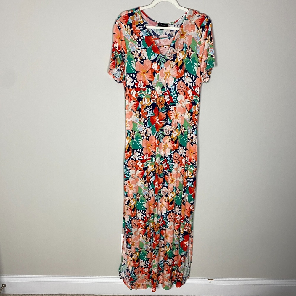 Cocomo Floral Maxi Dress Womens‎ Large Stretchy Jersey Knit Short Sleeves V Neck